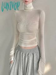 Lunivop Turtleneck See Through Sexy Long Sleeve Tees New Sweet Y2K Crop Tops Korean Fashion Blouse