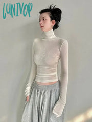 Lunivop Turtleneck See Through Sexy Long Sleeve Tees New Sweet Y2K Crop Tops Korean Fashion Blouse