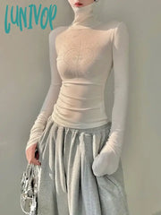 Lunivop Turtleneck See Through Sexy Long Sleeve Tees New Sweet Y2K Crop Tops Korean Fashion Blouse
