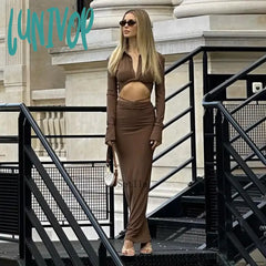 Lunivop Twist Long Sleeve Crop Top And Drawstring Maxi Bodycon Skirt Two Piece Set Women Autumn