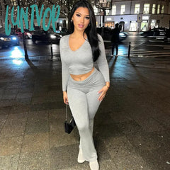 Lunivop Two Piece Set Outfits For Women Lace Trim Deep V Long Sleeve Crop Top And Pants Suits Y2K