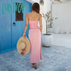Lunivop Two Piece Set Women Mesh Pleated Cami Top And Long Skirt Sets Sexy Summer Vacation Outfits