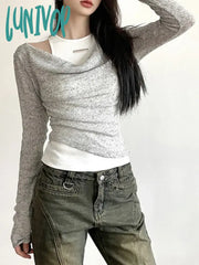 Lunivop Two Pieces Set Autumn New Women Solid Fashion Long Sleeve Grunge Crop Top Y2K Aesthetic