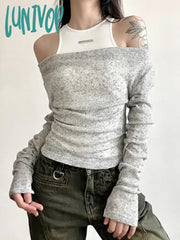 Lunivop Two Pieces Set Autumn New Women Solid Fashion Long Sleeve Grunge Crop Top Y2K Aesthetic