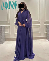 Lunivop V-Neck Chiffon Elegant Evening Dresses Applique Floor-Length A-Line Prom Gowns Illusion