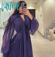Lunivop V-Neck Chiffon Elegant Evening Dresses Applique Floor-Length A-Line Prom Gowns Illusion