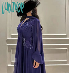 Lunivop V-Neck Chiffon Elegant Evening Dresses Applique Floor-Length A-Line Prom Gowns Illusion