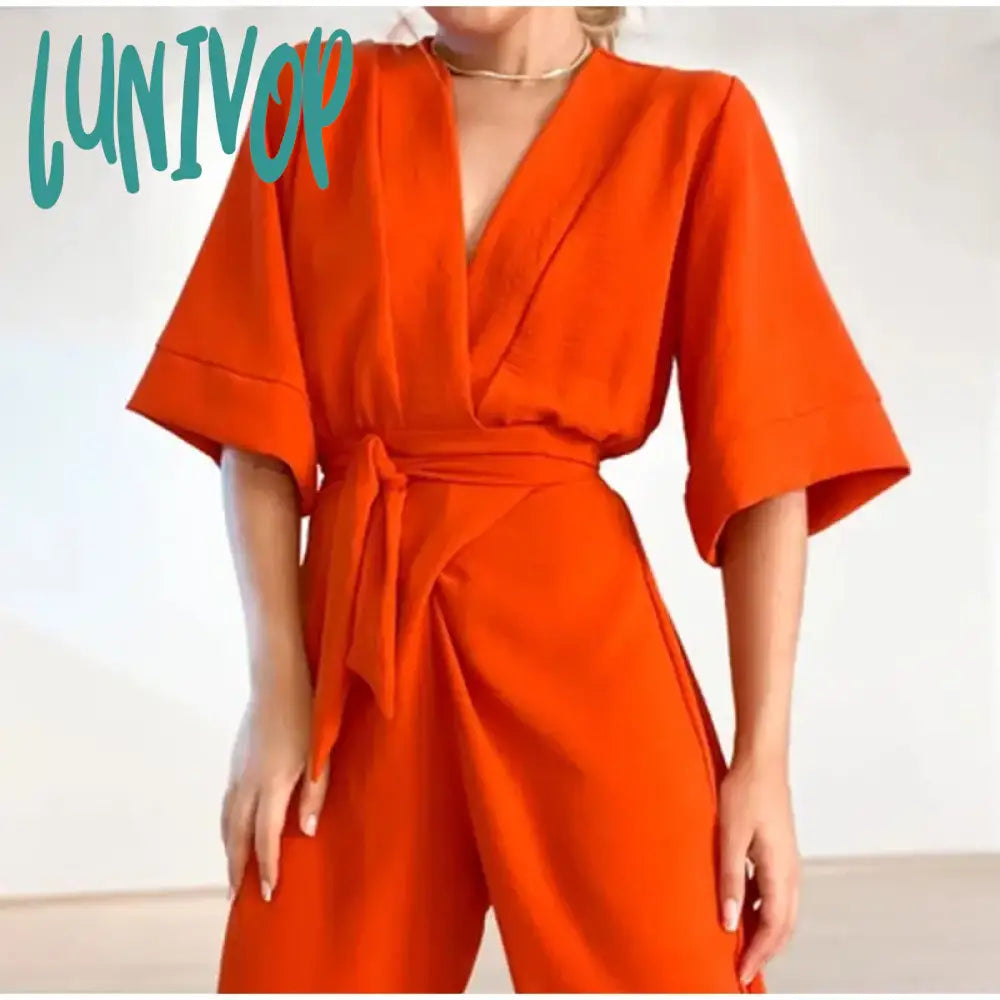 Lunivop V-Neck Lace Up Jumpsuits Women Fashion Solid Short Sleeve Jumpsuit Spring Elegant Casual