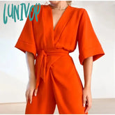 Lunivop V-Neck Lace Up Jumpsuits Women Fashion Solid Short Sleeve Jumpsuit Spring Elegant Casual
