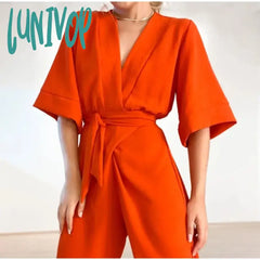 Lunivop V-Neck Lace Up Jumpsuits Women Fashion Solid Short Sleeve Jumpsuit Spring Elegant Casual