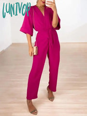 Lunivop V-Neck Lace Up Jumpsuits Women Fashion Solid Short Sleeve Jumpsuit Spring Elegant Casual