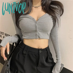 Lunivop V-Neck Low-Cut Short Knitted Sweaters Women Thin Cardigan Fashion Open Front Button Up