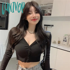 Lunivop V-Neck Low-Cut Short Knitted Sweaters Women Thin Cardigan Fashion Open Front Button Up