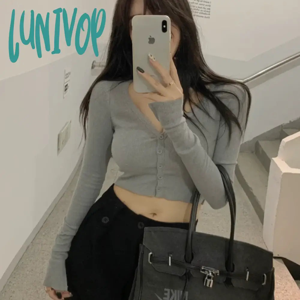 Lunivop V-Neck Low-Cut Short Knitted Sweaters Women Thin Cardigan Fashion Open Front Button Up