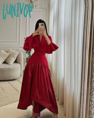 Lunivop V-Neck Pleats Elegant Evening Dresses A-Line Ruffles Sleeve Prom Gowns Custom Made Dubai