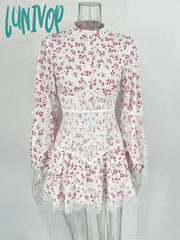 Lunivop V-Neck Printed Mini Lace Dress Female Ruffled Fashion High Waist Long Sleeve Splice
