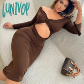 Lunivop V Neck Sexy Hollow Out Ruched Lace Dress Women’s Elegant Slim Fill Sleeve Femme Holiday
