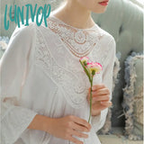 Lunivop Victorian Cotton Night Dress Women Autumn White Embroidery Robe Long Peignoir Vintage