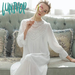 Lunivop Victorian Cotton Night Dress Women Autumn White Embroidery Robe Long Peignoir Vintage