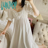 Lunivop Victorian Night Dress Women Summer White Cotton Vintage Nightgowns Romantic Sleepwear Lace