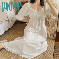 Lunivop Victorian Night Dress Women Summer White Cotton Vintage Nightgowns Romantic Sleepwear Lace