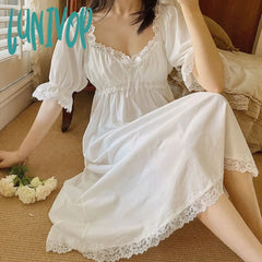 Lunivop Victorian Night Dress Women Summer White Cotton Vintage Nightgowns Romantic Sleepwear Lace