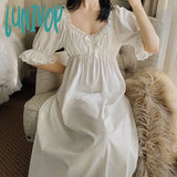 Lunivop Victorian Night Dress Women Summer White Cotton Vintage Nightgowns Romantic Sleepwear Lace