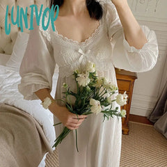 Lunivop Victorian White Cotton Night Dress Women Autumn Long Sexy Nighty Peignoirs Lolita Vintage