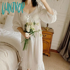 Lunivop Victorian White Cotton Night Dress Women Autumn Long Sexy Nighty Peignoirs Lolita Vintage