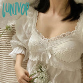 Lunivop Victorian White Cotton Night Dress Women Autumn Long Sexy Nighty Peignoirs Lolita Vintage