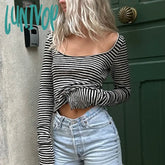 Lunivop Vintage Aesthetic Y2K Retro Crop Tops Cyber Grunge Striped T-Shirt Women Low Cut O Neck