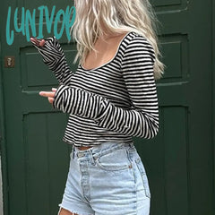 Lunivop Vintage Aesthetic Y2K Retro Crop Tops Cyber Grunge Striped T-Shirt Women Low Cut O Neck