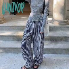 Lunivop Vintage Baggy Plaid Pants Woman Y2K Casual Sports Korean Fashion Wide Leg Trousers Jogging