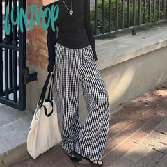 Lunivop Vintage Baggy Plaid Pants Woman Y2K Casual Sports Korean Fashion Wide Leg Trousers Jogging