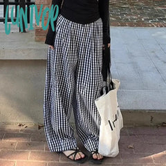 Lunivop Vintage Baggy Plaid Pants Woman Y2K Casual Sports Korean Fashion Wide Leg Trousers Jogging