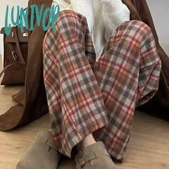 Lunivop Vintage Baggy Woman Plaid Pants Autumn Korean Fashion Office Lady Basic Wide Leg Trousers