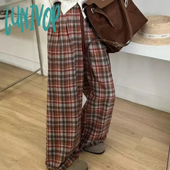 Lunivop Vintage Baggy Woman Plaid Pants Autumn Korean Fashion Office Lady Basic Wide Leg Trousers