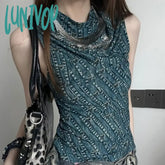 Lunivop Vintage Blue Denim Print Pile Collar Tank Top 2024 Summer New Vest For Women Y2K E-Girl