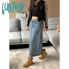 Lunivop Vintage Blue High Waist Slit Denim Skirt Women’s Spring Autumn New Street Style Slits