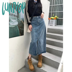 Lunivop Vintage Blue High Waist Slit Denim Skirt Women’s Spring Autumn New Street Style Slits