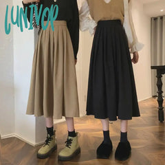 Lunivop Vintage Brown High Waist Pleated Skirt Women Korean Fashion College Style Long Ladies