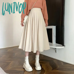 Lunivop Vintage Brown High Waist Pleated Skirt Women Korean Fashion College Style Long Ladies