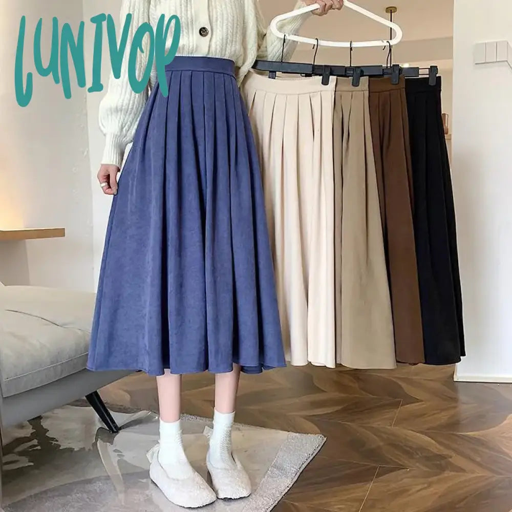 Lunivop Vintage Brown High Waist Pleated Skirt Women Korean Fashion College Style Long Ladies