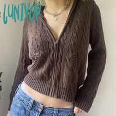 Lunivop Vintage Brown Y2K Hooded Sweaters Women Autumn Winter Lantern Sleeve Zip Up Jacket Cardigan