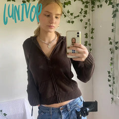 Lunivop Vintage Brown Y2K Hooded Sweaters Women Autumn Winter Lantern Sleeve Zip Up Jacket Cardigan