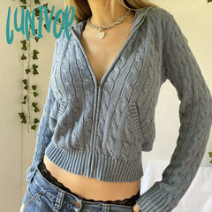 Lunivop Vintage Brown Y2K Hooded Sweaters Women Autumn Winter Lantern Sleeve Zip Up Jacket Cardigan