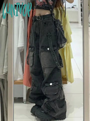 Lunivop Vintage Cargo Jeans Women High Street Oversized Punk Grunge Y2K Black With Pockets Hippie