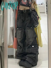 Lunivop Vintage Cargo Jeans Women High Street Oversized Punk Grunge Y2K Black With Pockets Hippie