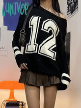 Lunivop Vintage Contrast Color Digital Sweater Sporty Chic Loose Slash Neck Knitted Pullovers Y2K
