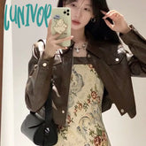 Lunivop Vintage Crop Brown Leather Jacket Women Korean Style Streetwear Fashion Short Motorcycle
